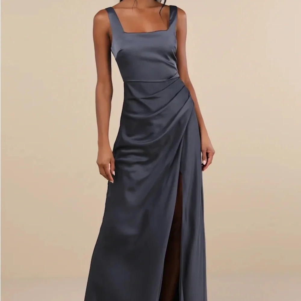 Dark Grey Satin Square Neck Maxi Dress | Womens | X-Large (Available in M, L) | Lulus | Holiday Dresses | Prom